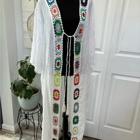 Other - White Crochet Kimono with Colorful Accents
